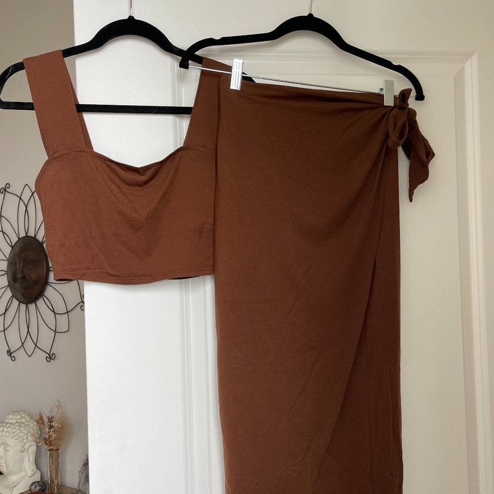 Reformation Brown Midi Skirt and Crop Top Set